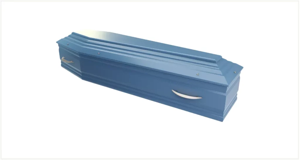 Cercueil moderne de couleur bleu pastel sur fond blanc avec poignées argentées.