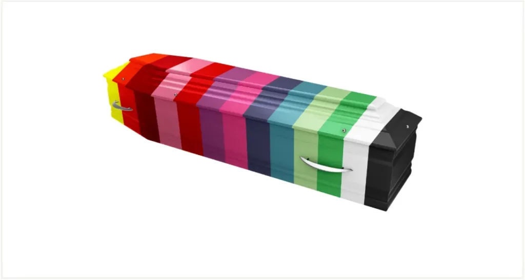Cercueil personnalisable aux bandes multicolores sur fond blanc neutre.