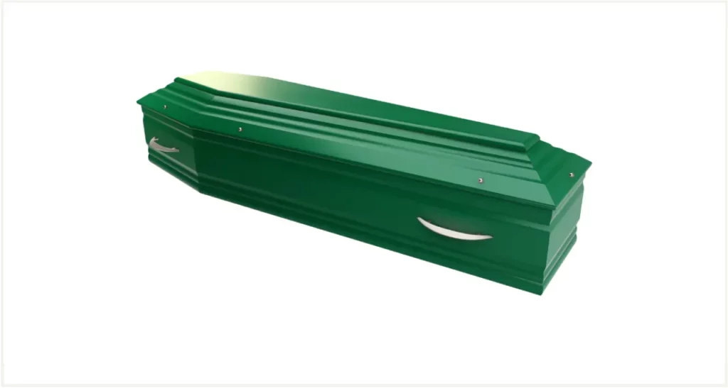 Cercueil laqué vert émeraude avec poignées argentées sur fond blanc.
