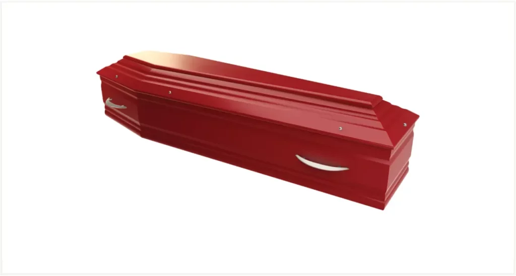 Cercueil en bois laqué rouge rubis brillant avec poignées en métal argenté.
