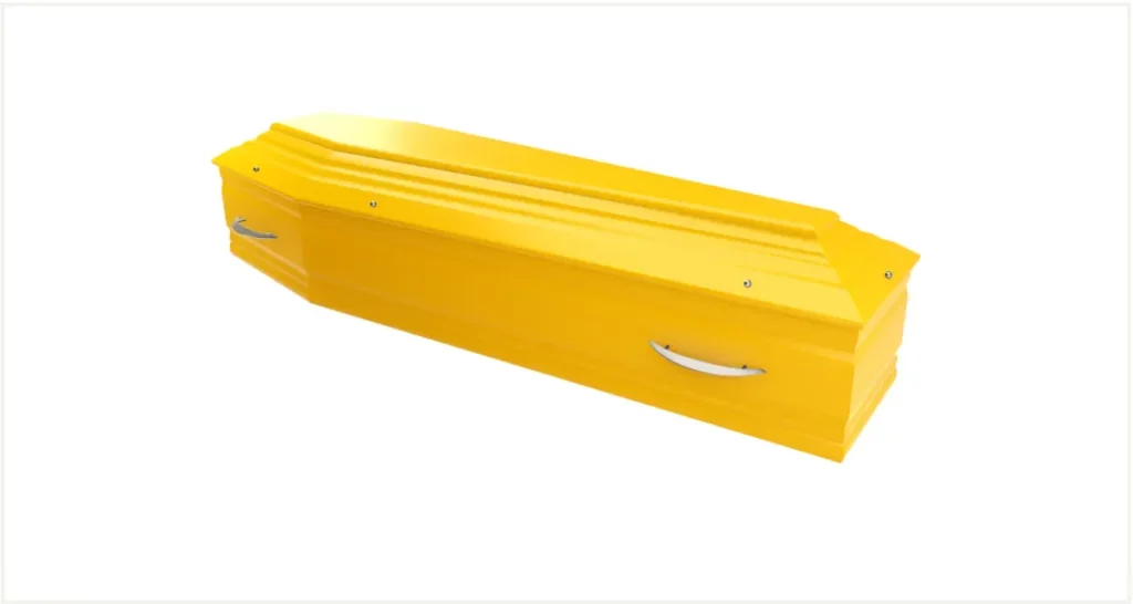Cercueil contemporain de couleur jaune soleil sur fond blanc immaculé.