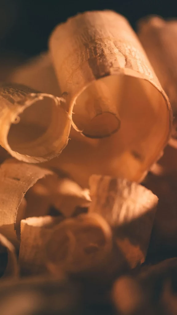 Gros plan sur des copeaux de bois enroulés dans un atelier d'artisanat.