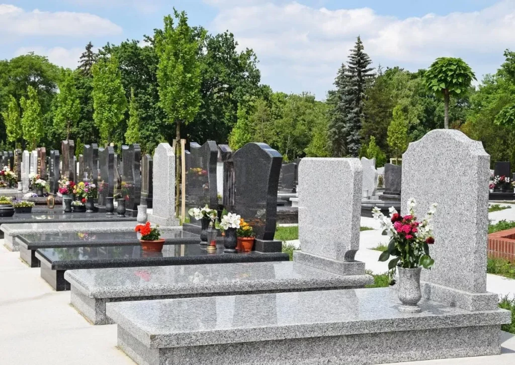 Alignement de monuments funéraires et sépultures en granit dans un cimetière.